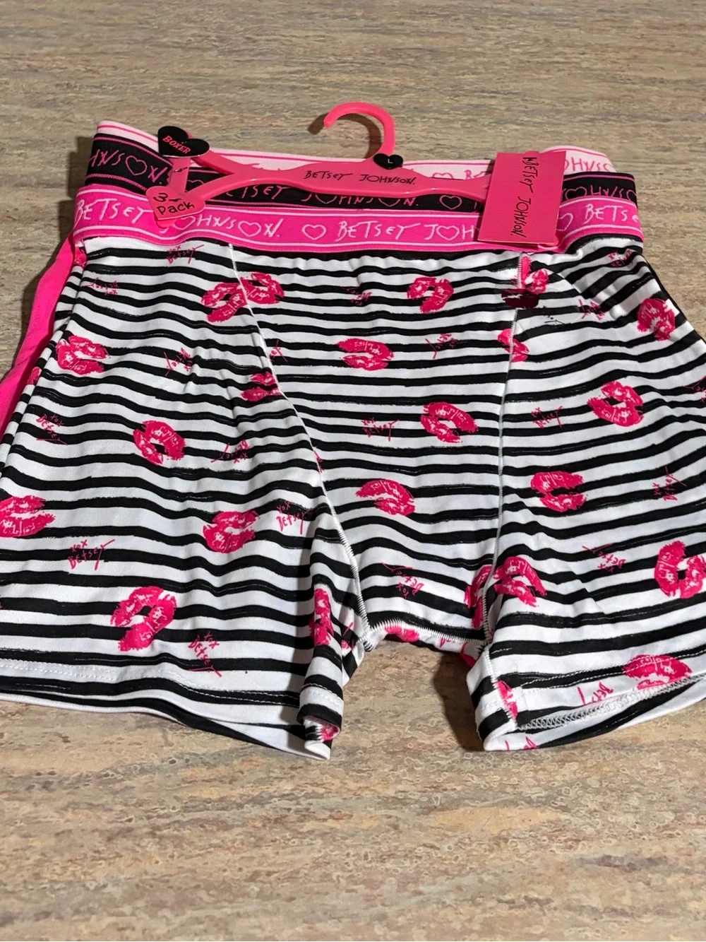 Betsey Johnson 3-Pack Black & White Striped Boxer Panties & Hot Pink Lip Print
